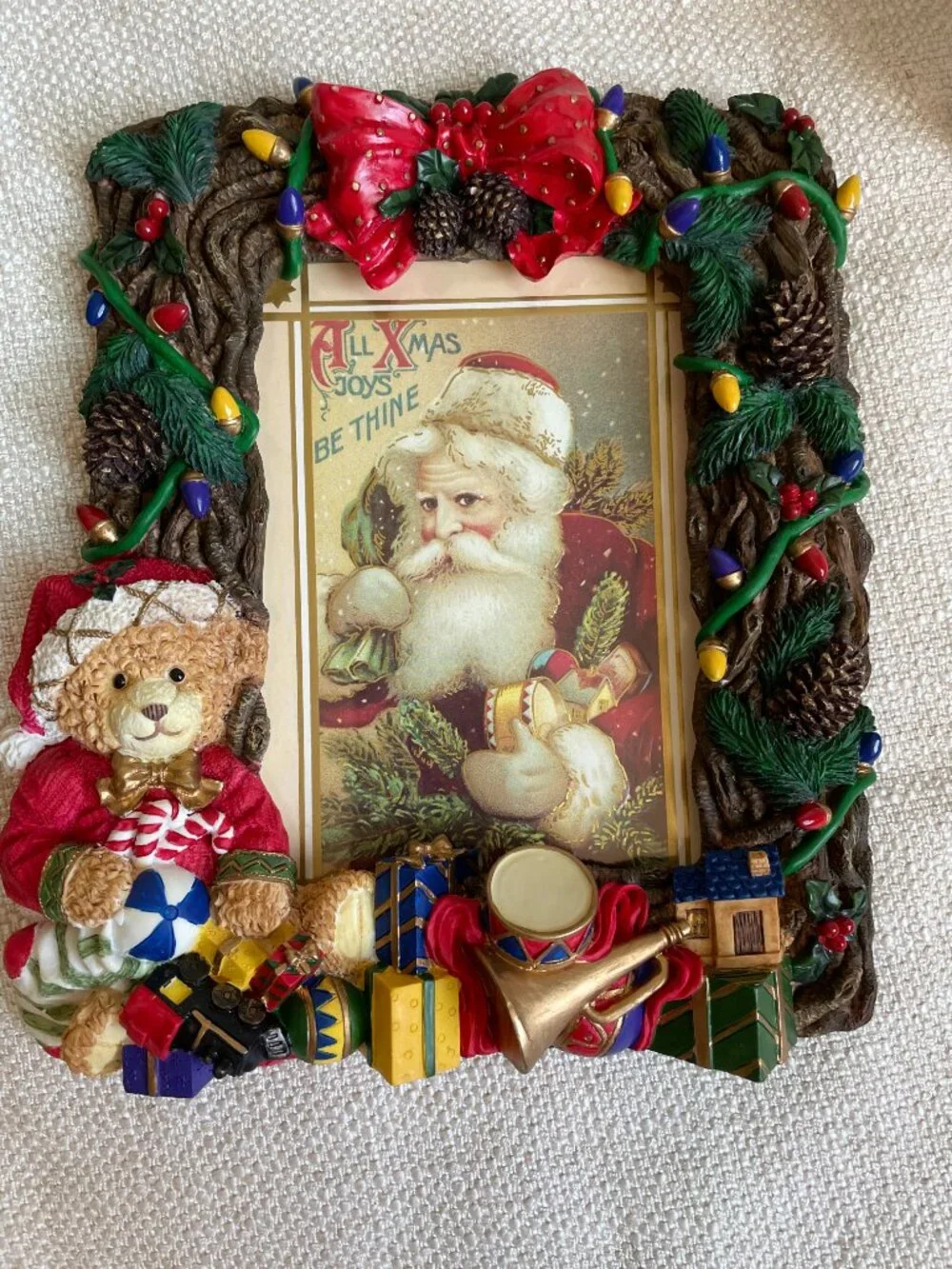 Vintage Ornate 3D Resin Christmas Teddy Bear Toys Picture Frame Fits 5x7” Photos